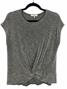 RO & DE Black White Striped Twist Front Top Size Large Cap Sleeve Knit Blouse